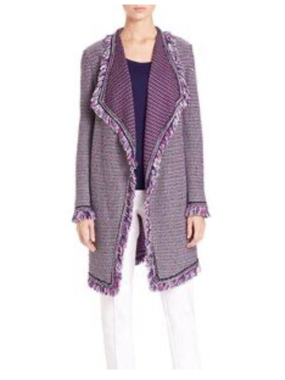 St. John Fiore Knit Coat Open Waterfall Fringe Wool Blend Cardigan Purple XL